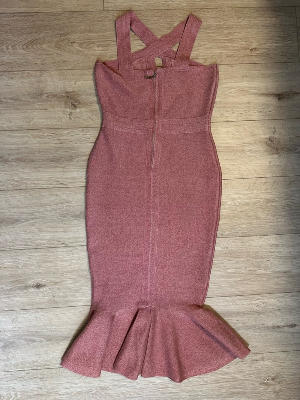 HUSH- Pink Rose Bandage Bodycon Midi Dress Mermaid Trumpet Hem - Picture 3 of 7